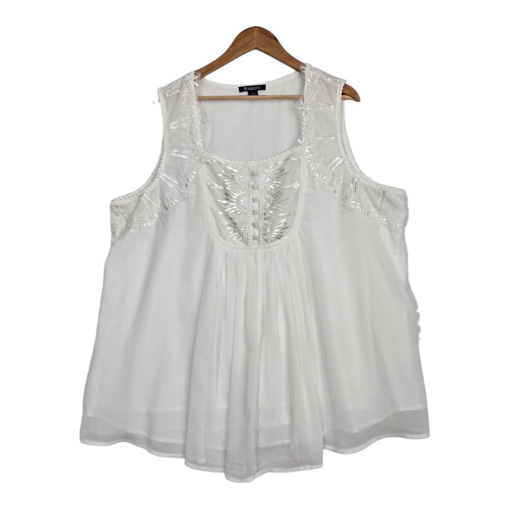 Roaman's Top Sz 26W White Sleeveless Flowy Embroidered Lace Accents Boho Fairy